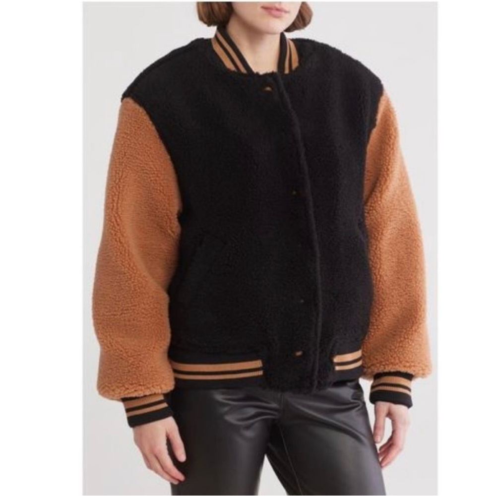 Blank NYC Teddy Fleece Bomber Jacket Small Black Tan‎ Colorblock Varsity